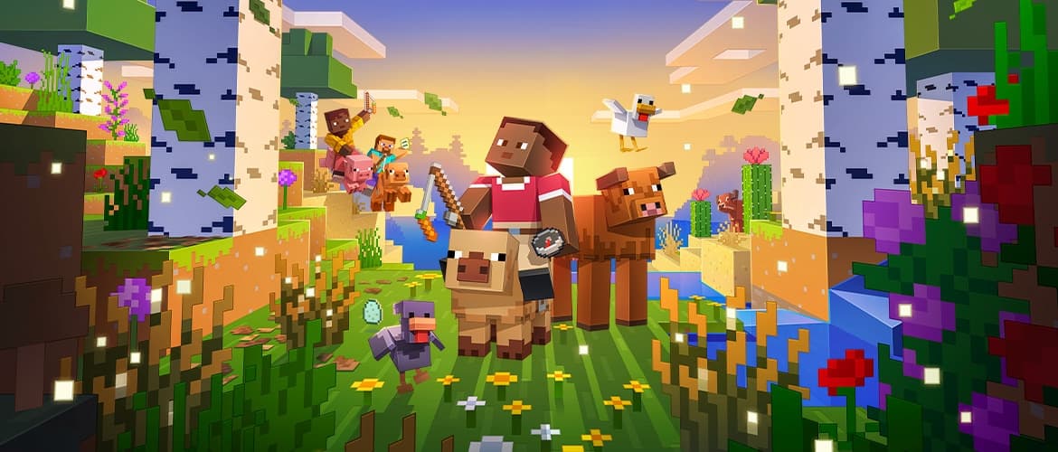 Minecraft characters charging forward — a mace dive about to end the charge