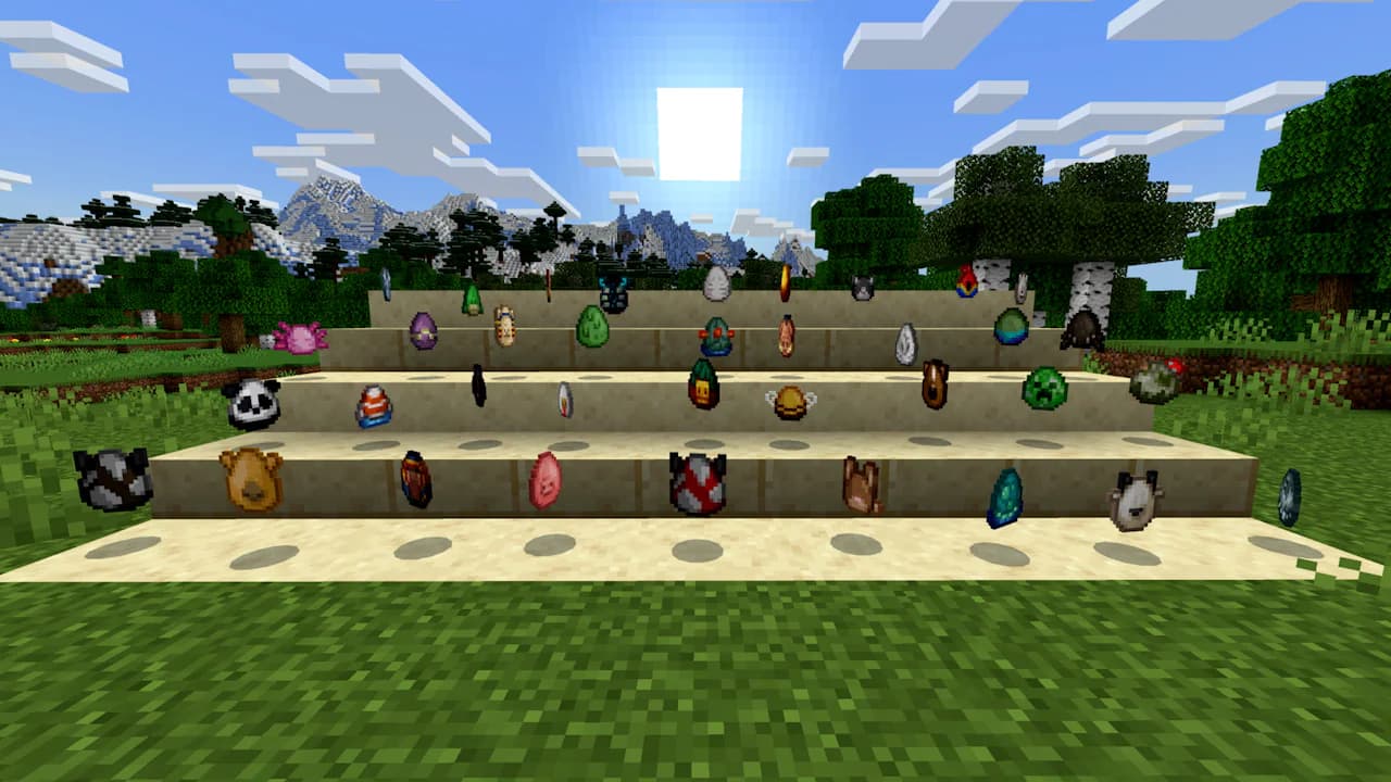 A neatly organized row of spawn eggs laid out in the world — everything in its place, like a well-built control panel