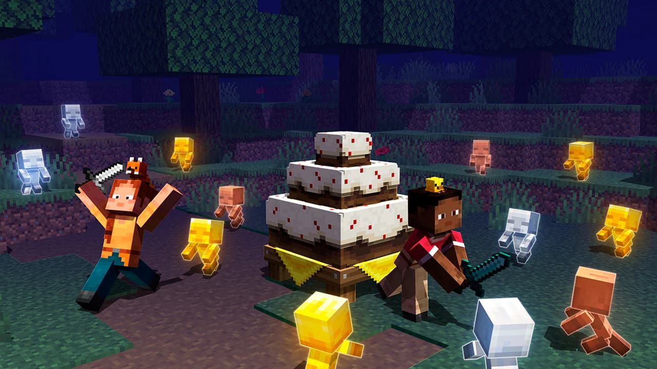 A player swinging a diamond sword through a swarm of glowing mobs — where a Sharpness V build earns its slot