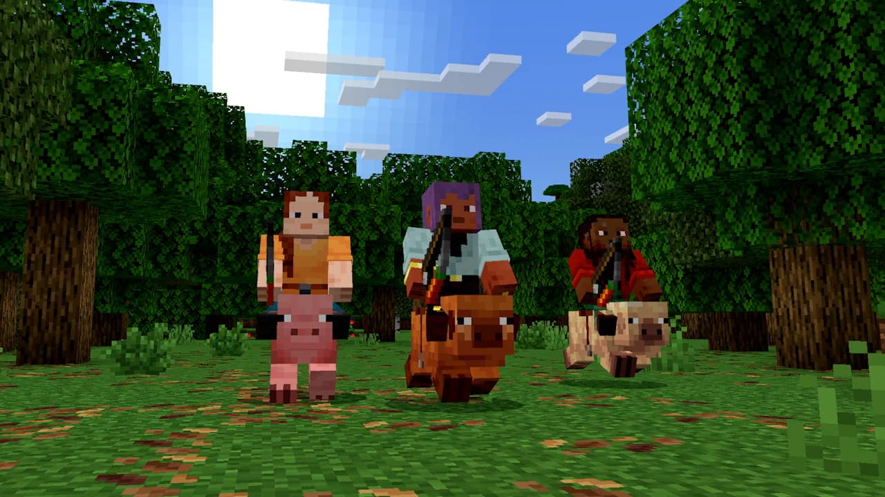 Three players riding side by side through a forest — three server flavors, one choice